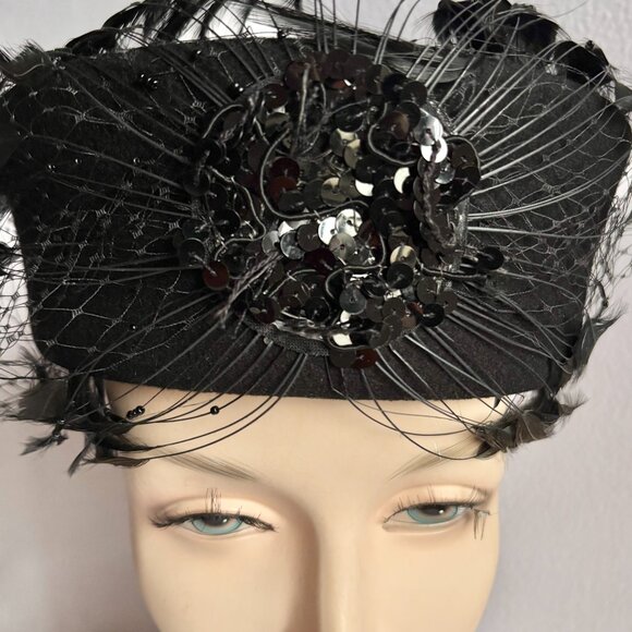 Black Wool Felt Hat iwth Big Feathers, Sequins, Netting - Picture 6 of 10